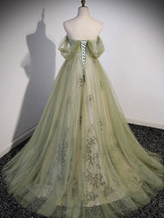 A Line Green Tulle Long Corset Prom Dress with Beading outfit, Party Dress Vintage
