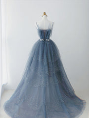 Blue Shiny Tulle Layers Straps Beaded Long Corset Prom Dress, A Line Chic Evening Dress outfit, Formal Dress Stores