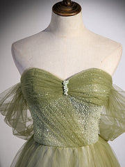 A Line Green Tulle Long Corset Prom Dress with Beading outfit, Party Dresses Vintage