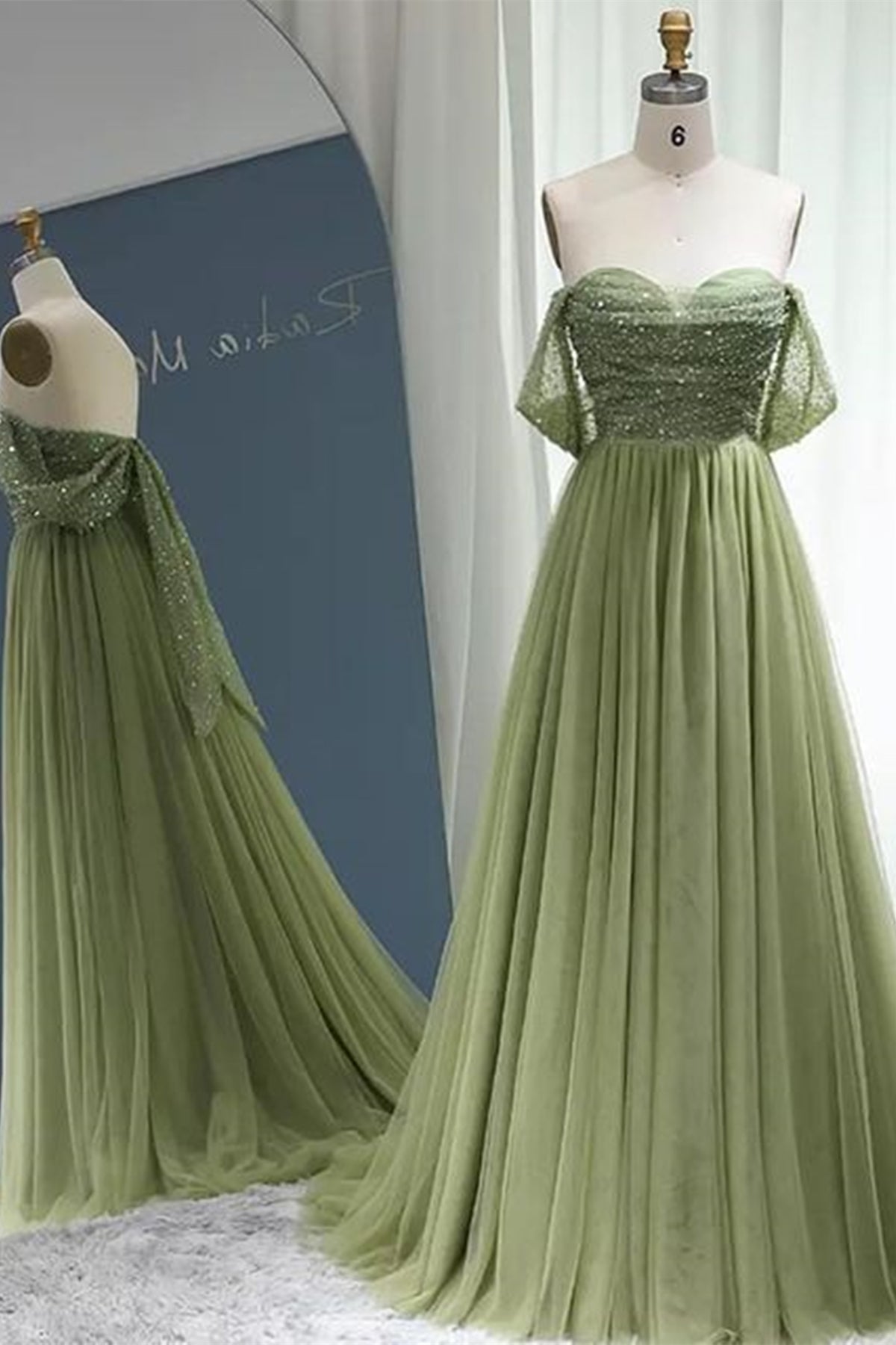 Off the Shoulder Beaded Green Tulle Long Corset Prom Dress, Off Shoulder Green Corset Formal Dress, Beaded Green Evening Dress outfit, Prom Dresses Mermaide