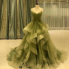 Beautiful Green Ruffles Sweep Train Long Corset Prom Dress, Straps Evening Corset Formal Dresses outfit, Formal Dress Outfit Ideas