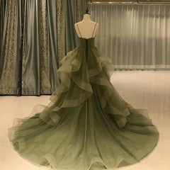 Beautiful Green Ruffles Sweep Train Long Corset Prom Dress, Straps Evening Corset Formal Dresses outfit, Formal Dresses Outfit Ideas