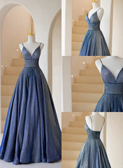 Blue V-Neckline Straps Low Back A-Line Corset Prom Dress, Blue Long Evening Dress outfit, Formal Dresses Outfits