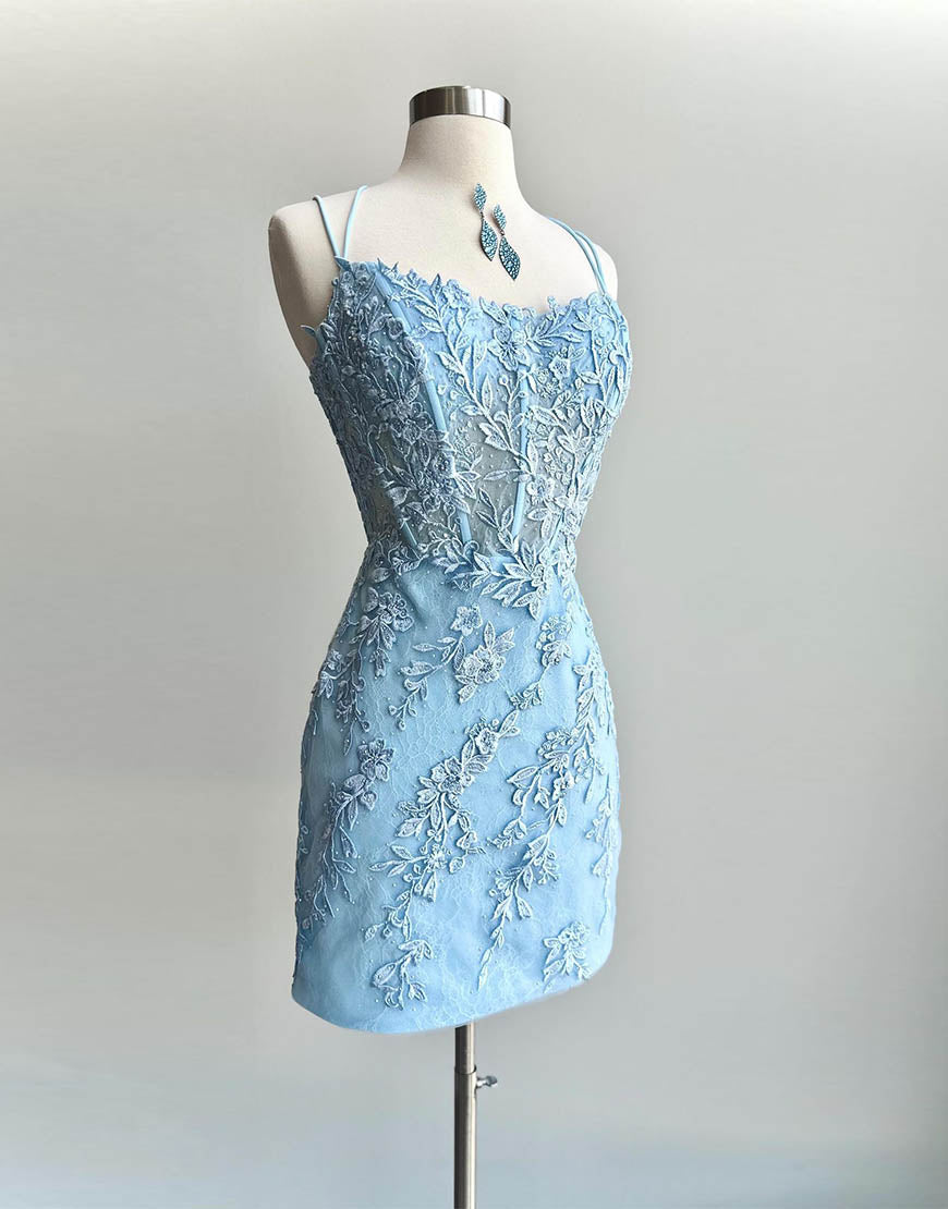 Pretty Blue Spaghetti Straps Short Tight Corset Homecoming Dress With Appliques Gowns, Homecoming Dresses Blues