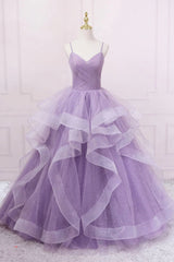 Princess Lavender Sparkly Spaghetti Straps Long Corset Prom Dress Floor Length Evening Gown outfits, Party Dress Afternoon Tea