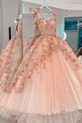 Princess Sparkly Sweetheart Corset Prom Dresses with 3d Flowers, Pink Quinceanera Dresses outfit, Prom Dresses Orange