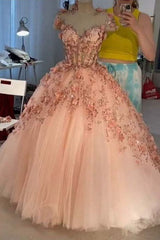 Princess Sparkly Sweetheart Corset Prom Dresses with 3d Flowers, Pink Quinceanera Dresses outfit, Prom Dress Long Sleeve Ball Gown