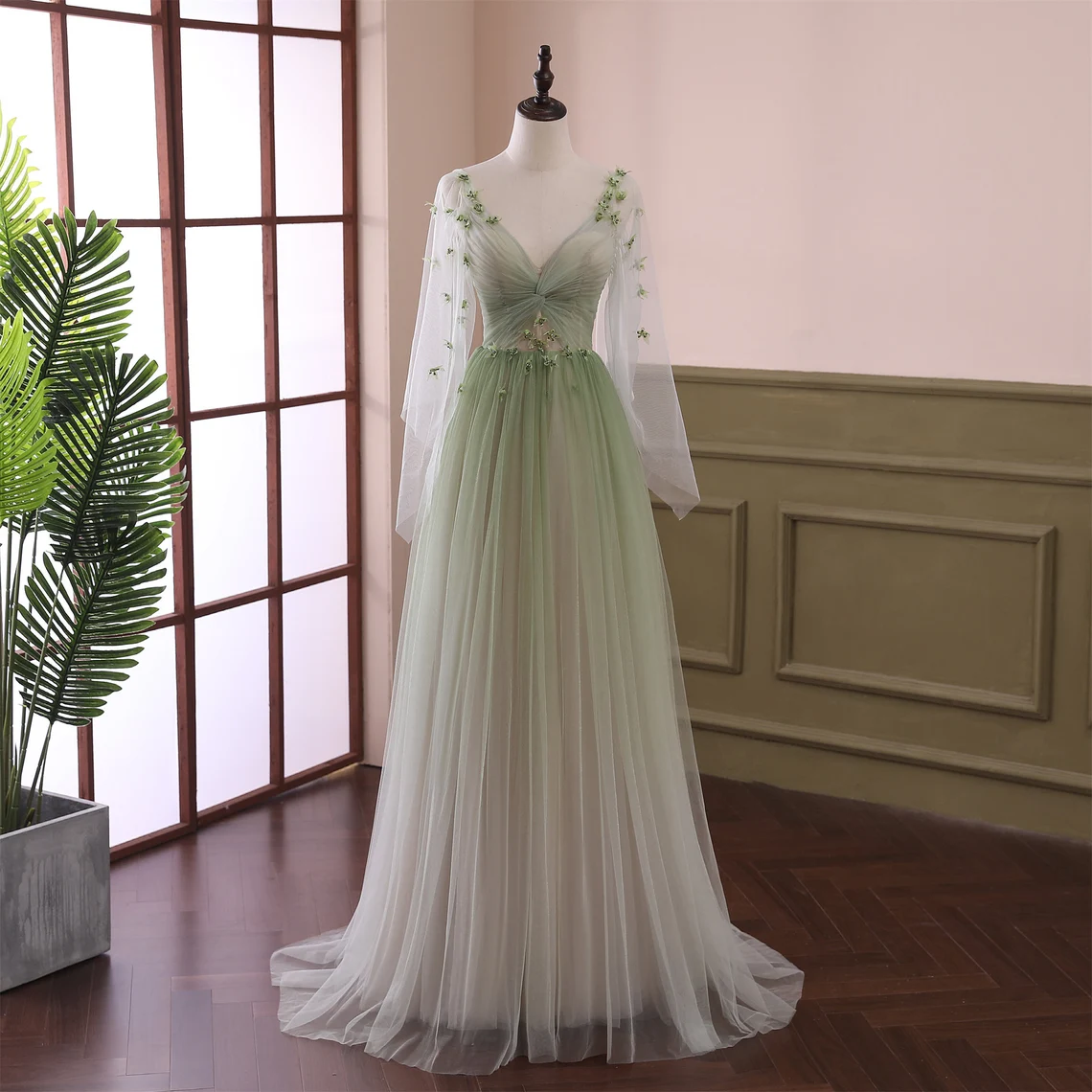 Beautiful Gradient Tulle Green Beaded Long Sleeves Party Dress, Green Corset Formal Dress outfit, Prom Dress Long Open Back
