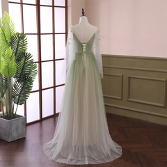 Beautiful Gradient Tulle Green Beaded Long Sleeves Party Dress, Green Corset Formal Dress outfit, Prom Dress Chiffon