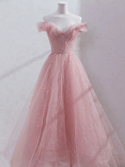 Pink Sweetheart Off Shoulder Sequins Long Evening Dress, Pink Corset Prom Dresses outfit, Formal Dresses Long Sleeve