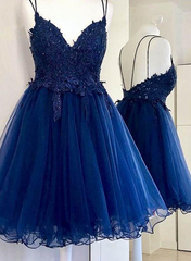 Dark Blue V Neck Short Corset Prom Dress With Beads Appliques,Blue Corset Homecoming Dress outfit, Formal Dress Simple