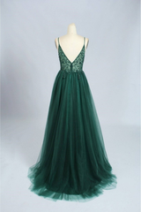 Emerald Green Tulle Corset Prom Dress Beaded V Neck Gowns, Simple Prom Dress