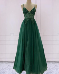 Emerald Green Tulle Corset Prom Dress Beaded V Neck Gowns, Corset Prom Dresses