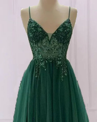 Emerald Green Tulle Corset Prom Dress Beaded V Neck Gowns, Pretty Prom Dresses