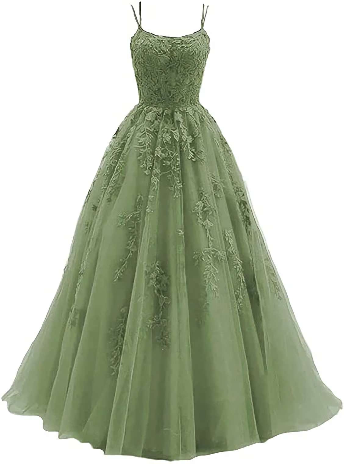 Green Lace Applique Tulle Long Straps Cross Back Long Party Dress, Green Junior Corset Prom Dress outfits, Formal Dress Fashion