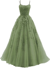 Green Lace Applique Tulle Long Straps Cross Back Long Party Dress, Green Junior Corset Prom Dress outfits, Formal Dress Fashion