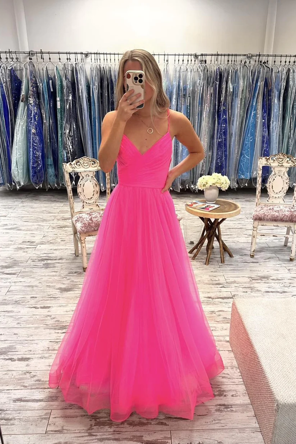 V Neck Hot Pink Tulle Long Corset Prom Dresses, Hot Pink Tulle Long Corset Formal Evening Dresses outfit, V Neck Hot Pink Tulle Long Prom Dresses