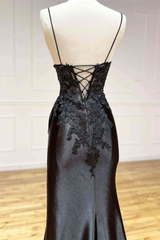 Black Long Appliques Corset Prom Dress with Spaghetti Straps Gowns, Prom Dress Open Back