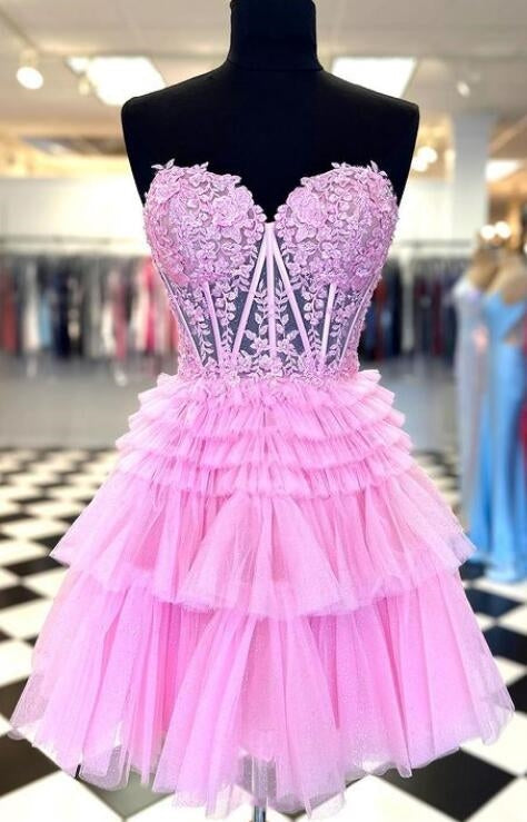 Strapless Sheer Lace Corset Corset Homecoming Dress with Ruffle Tulle Skirt outfit, Evening Dress With Sleeves