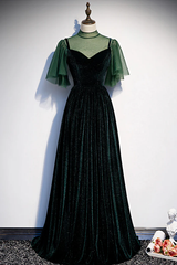 Green Velvet Long A-Line Corset Prom Dress Evening Dresses outfit, Green Velvet Long A-Line Prom Dress Evening Dresses