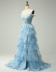 Romantic A-Line Off The Shoulder Tiered Corset Prom Dress With Split outfit, Prom Dresses Online