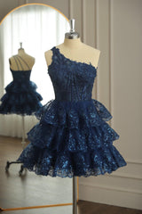 Dark Navy One Shoulder Appliques Multi-Layers Tulle Corset Homecoming Dress outfit, Party Dress Designs