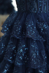 Dark Navy One Shoulder Appliques Multi-Layers Tulle Corset Homecoming Dress outfit, Party Dress Maxi