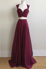 Elegant Two Piece Long Burgundy Chiffon Corset Prom Dress Corset Formal Evening Dress outfit, Spring Dress