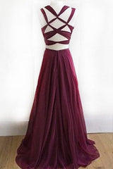 Elegant Two Piece Long Burgundy Chiffon Corset Prom Dress Corset Formal Evening Dress outfit, Simple Dress