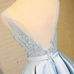 Blue A Line Princess V Neck Backless Appliques Corset Homecoming Dresses outfit, Bridesmaid Dresses Strapless