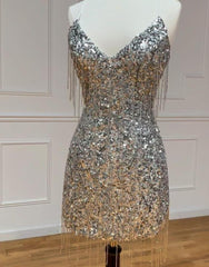 Silver V-Neck Glitter Sequin Corset Homecoming Dress With Tassel Gowns, Prom Dress For Short Girl