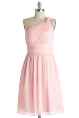 Simple A-Line One Shoulder Short Pink Chiffon Corset Bridesmaid Dress outfit, Long Sleeve Prom Dress
