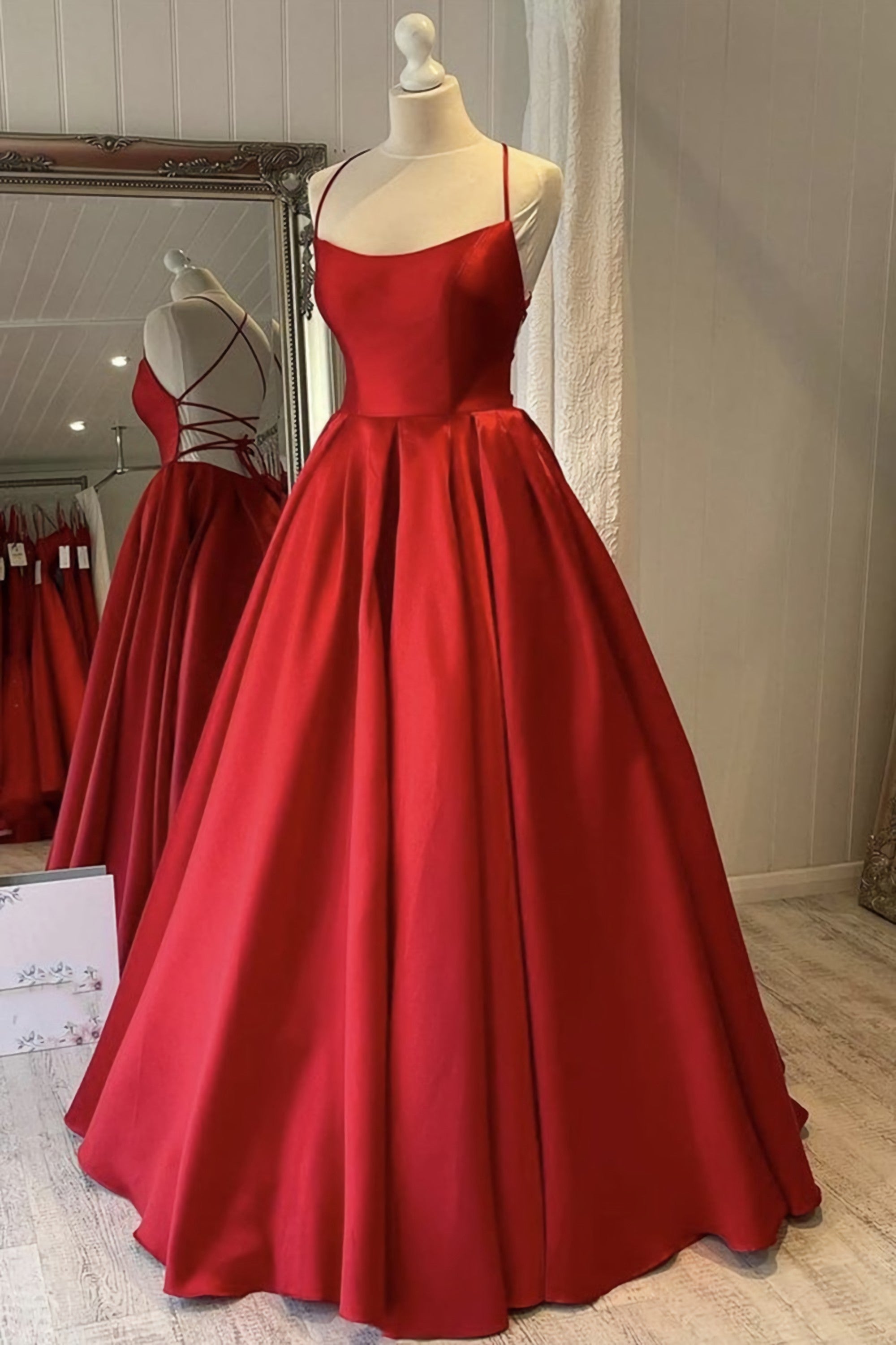 Simple Backless Red Satin Long Corset Prom Dress, Open Back Corset Formal Dresses, Red Evening Gown outfits, Evening Dresses Boutique