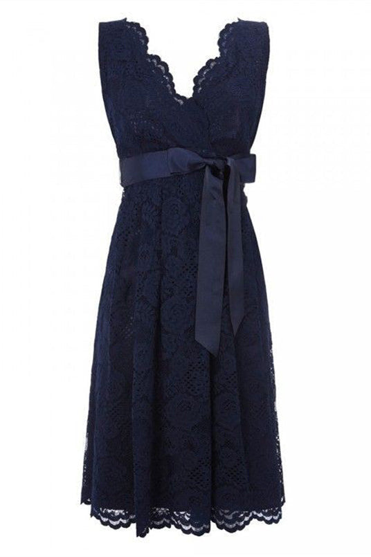 Simple V Neck Short Lace Navy Blue Corset Bridesmaid Dress with Sash Gowns, On Piece Dress
