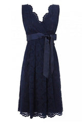 Simple V Neck Short Lace Navy Blue Corset Bridesmaid Dress with Sash Gowns, On Piece Dress