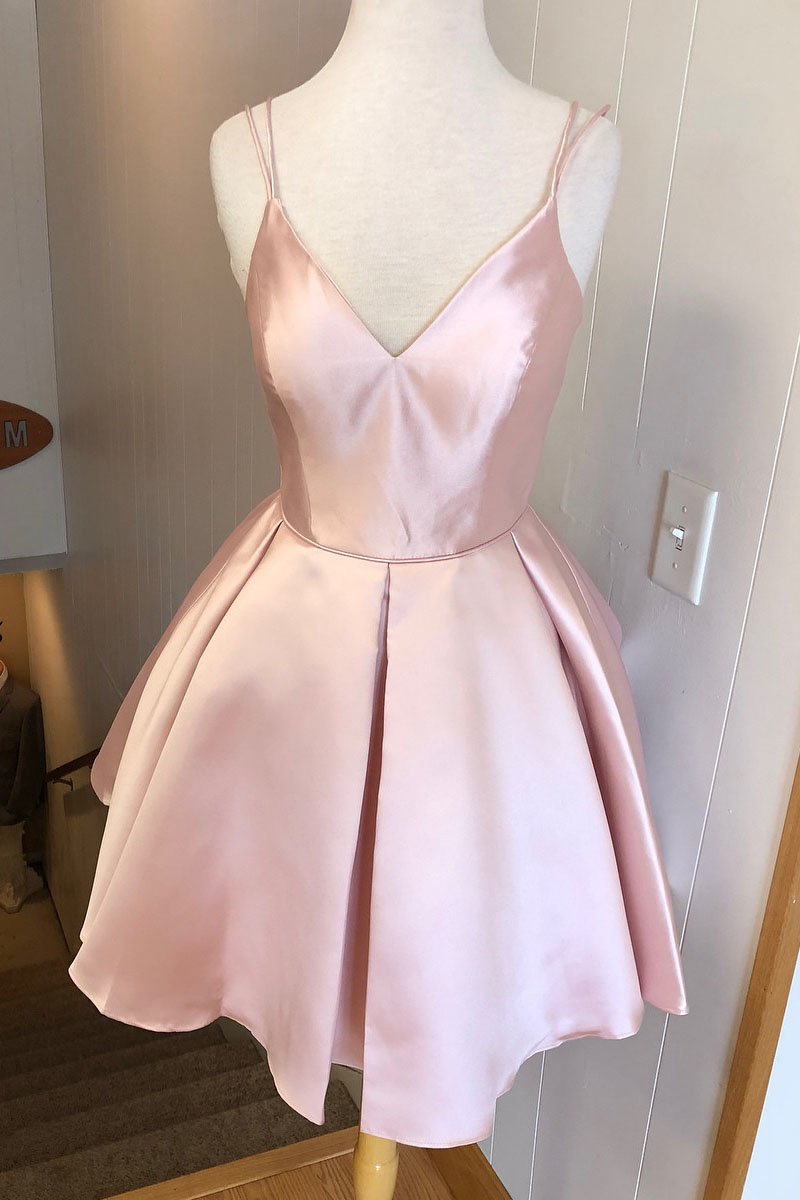 Simple V Neck Straps Short Pink Corset Homecoming Dress, Backless Satin Sweet 16 Dresses outfit, Modest Prom Dress