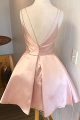 Simple V Neck Straps Short Pink Corset Homecoming Dress, Backless Satin Sweet 16 Dresses outfit, Off Shoulder Dress