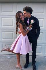 Simple V Neck Straps Short Pink Corset Homecoming Dress, Backless Satin Sweet 16 Dresses outfit, Formal Wedding Guest Dress