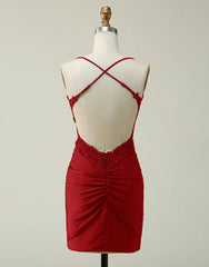 Dark Red Bodycon Spaghetti Straps Short Corset Homecoming Dress outfit, Formal Dresses For Weddings Mother Of The Bride