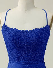 Royal Blue Lace Top Spaghetti Straps Body Corset Homecoming Dress outfit, Prom Dresses With Sleeves