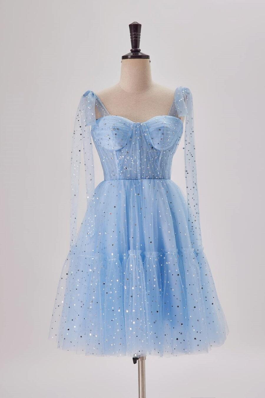Starry Light Blue Tulle A-line Princess Dress Gowns, Bridesmaid Dresses Pink