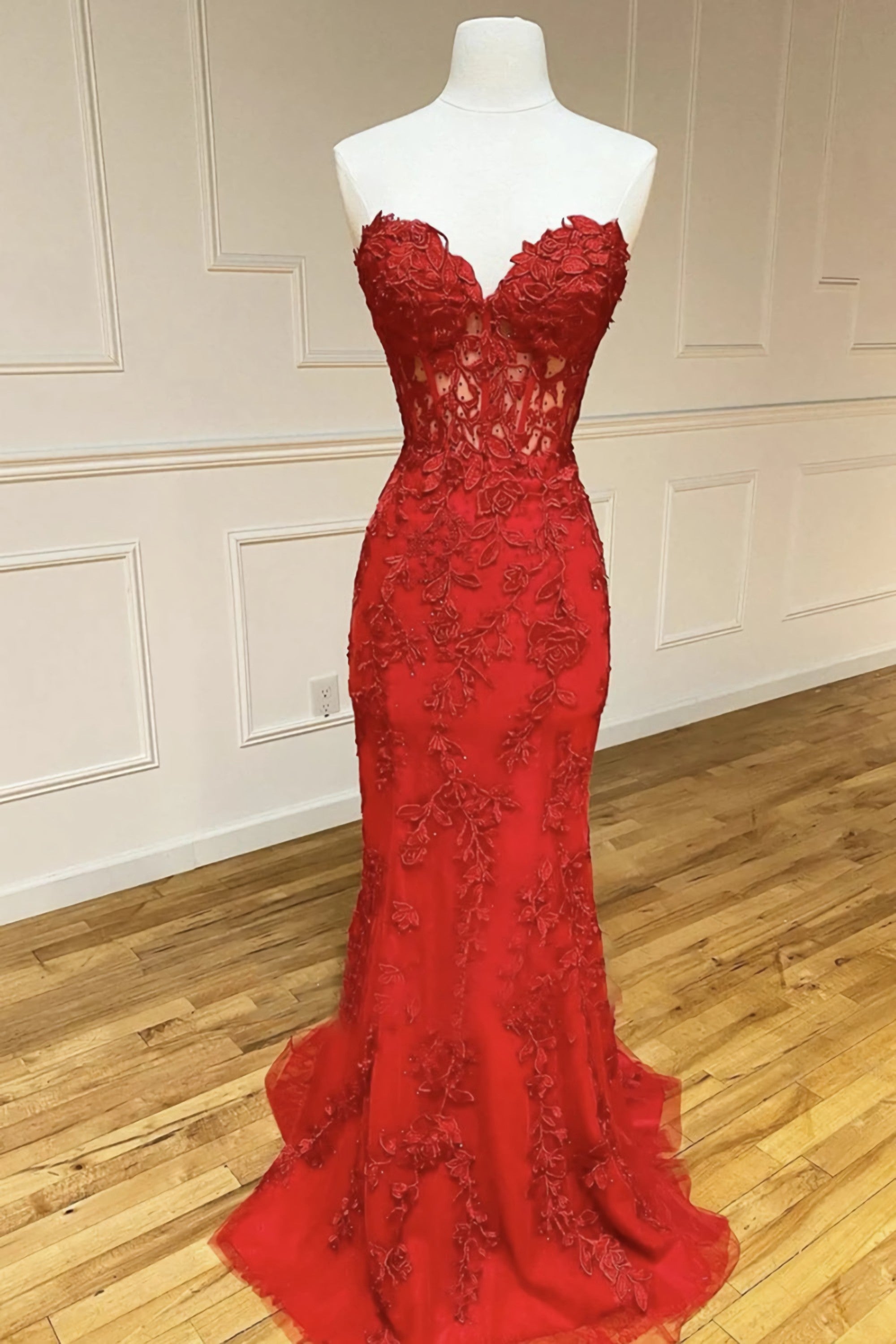 Strapless Sweetheart Neck Mermaid Red Lace Long Corset Prom Dress, Mermaid Red Lace Corset Formal Dress, Red Lace Evening Dress outfit, Formal Dresses And Gowns