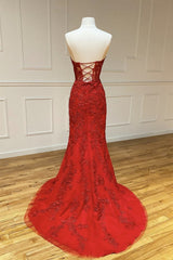 Strapless Sweetheart Neck Mermaid Red Lace Long Corset Prom Dress, Mermaid Red Lace Corset Formal Dress, Red Lace Evening Dress outfit, Formal Dresses For Wedding