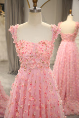 Sweet Pink A-line Off The Shoulder Long Corset Prom Dress with 3D Flowers outfit, Prom Dress Open Back