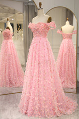 Sweet Pink A-line Off The Shoulder Long Corset Prom Dress with 3D Flowers outfit, Prom Dresses Curvy