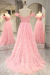 Sweet Pink A-line Off The Shoulder Long Corset Prom Dress with 3D Flowers outfit, Prom Dress Curvy