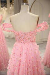 Sweet Pink A-line Off The Shoulder Long Corset Prom Dress with 3D Flowers outfit, Prom Dresses Open Backs