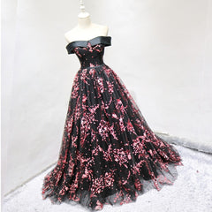 Black Tulle Off Shoulder Flowers Elegant Lace Up Evening Party Gown Black Corset Formal Dress outfit, Modest Dress