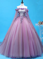 Light Purple Tulle Long Sweet 16 Gown, Flowers Quinceanera Dress outfit, Prom Dresses Long Ball Gown