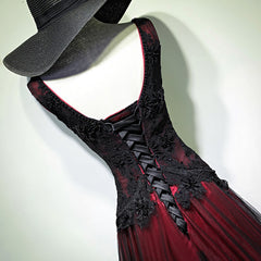 Gorgeous Black And Red V Neckline Tulle Beaded Corset Prom Dress, Long Evening Gown outfits, Prom Ideas